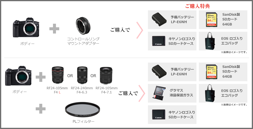 ボディ+コントロールリングマウントアダプターご購入でEOS Rロゴ入りネームタグ&予備バッテリーLP-E6N/ボディ+マウントアダプター+RF24-105mm or R24-240mmご購入でEOS Rロゴ入りネームタグ&予備バッテリーLP-E6N&グラマス液晶保護ガラス&SanDisk製SDカード 64GB