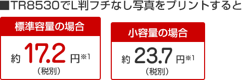 TR8530でL判フチなし写真をプリントすると 標準容量の場合約17.2円※1(税別)、小容量の場合約23.7円※1(税別)