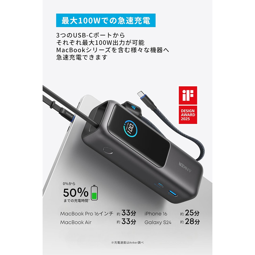 Anker モバイルバッテリー Power Bank (25000mAh Built-In & 巻取り式