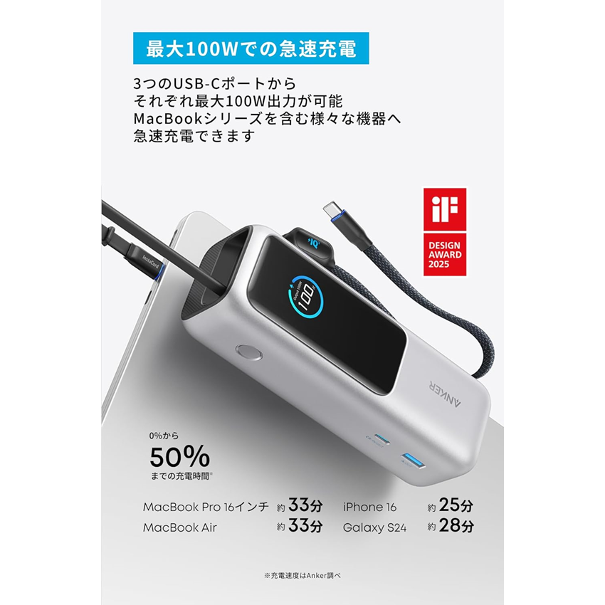 Anker モバイルバッテリー Power Bank (25000mAh Built-In & 巻取り式