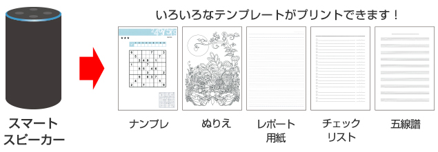 スマートスピーカー→いろいろなテンプレートがプリントできます! (例)ナンプレ/ぬりえ/レポート用紙/チェックリスト/五線譜